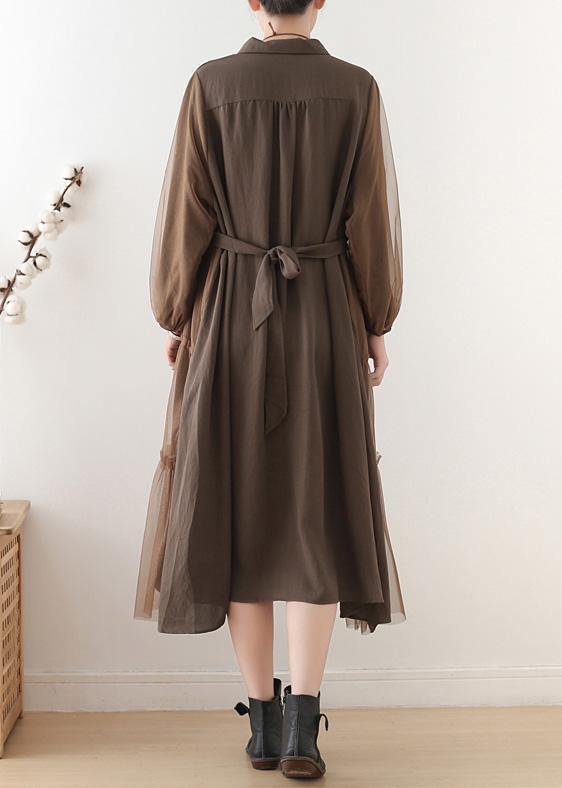 Unique Chocolate Linen Dress Lapel Large Hem Maxi Fall Dresses