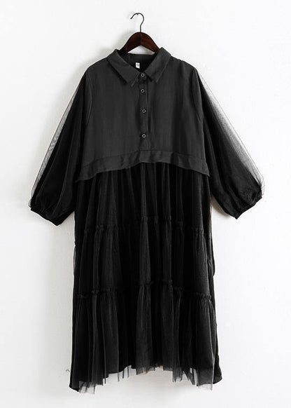 Unique Chocolate Linen Dress Lapel Large Hem Maxi Fall Dresses
