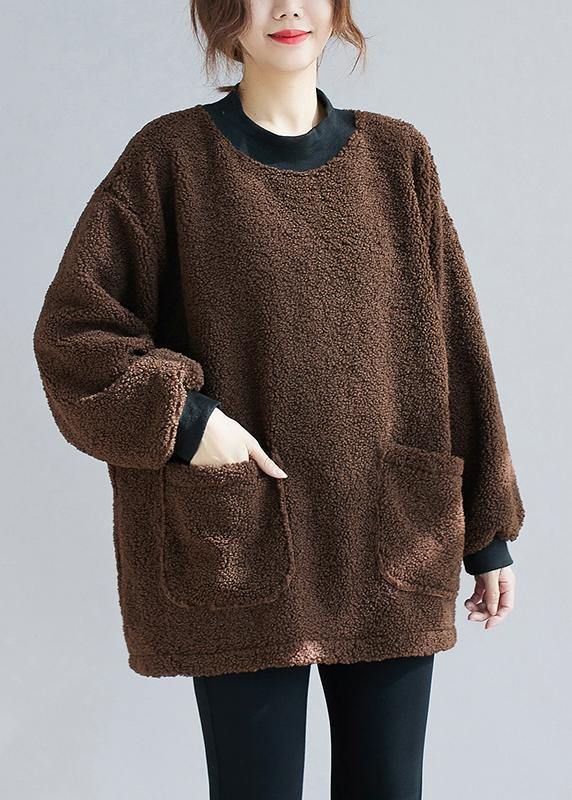 Unique chocolate tunic pattern o neck pockets short tops
