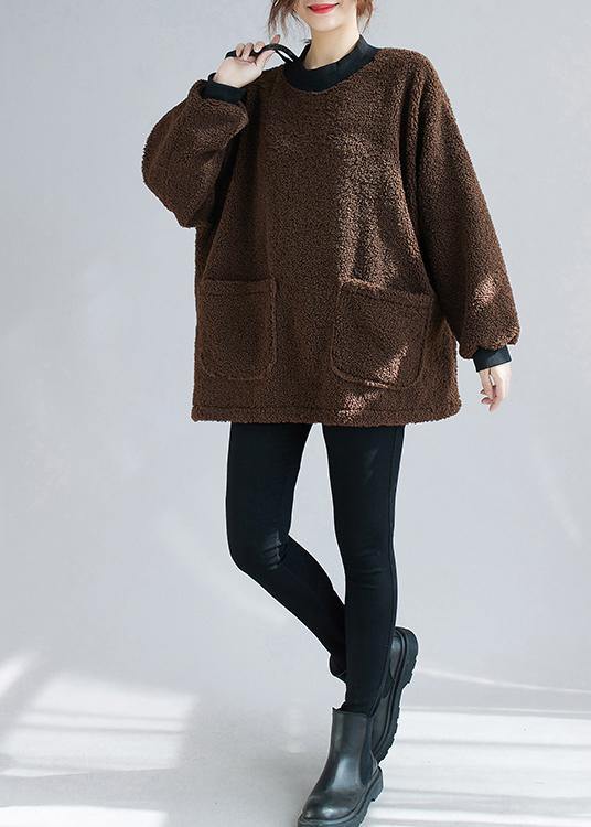 Unique Chocolate Tunic Pattern O Neck Pockets Short Tops