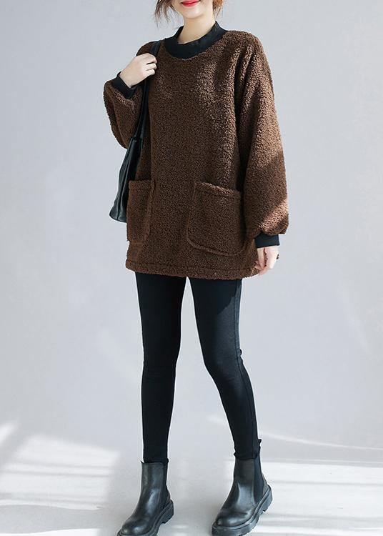 Unique Chocolate Tunic Pattern O Neck Pockets Short Tops