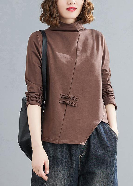 Unique chocolate tunics for women high neck Chinese Button tunic tops