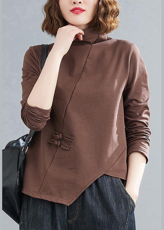 Unique chocolate tunics for women high neck Chinese Button tunic tops