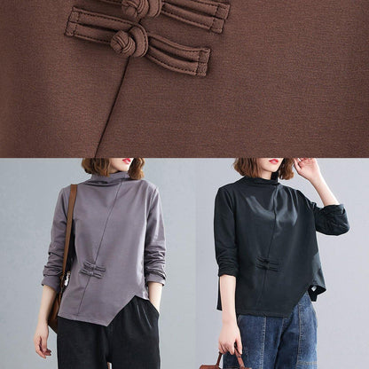 Unique chocolate tunics for women high neck Chinese Button tunic tops
