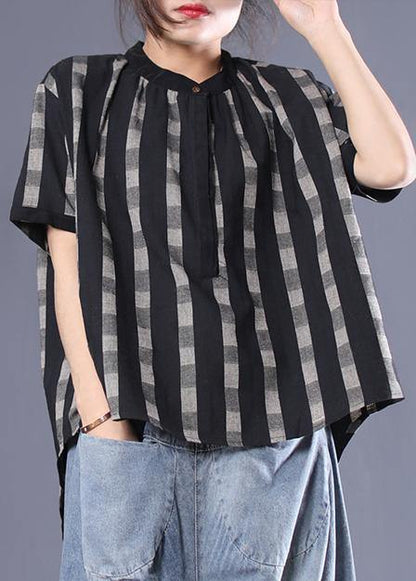 Unique Cotton Box Top Irregular Plaid Loose Short Sleeve Blouse