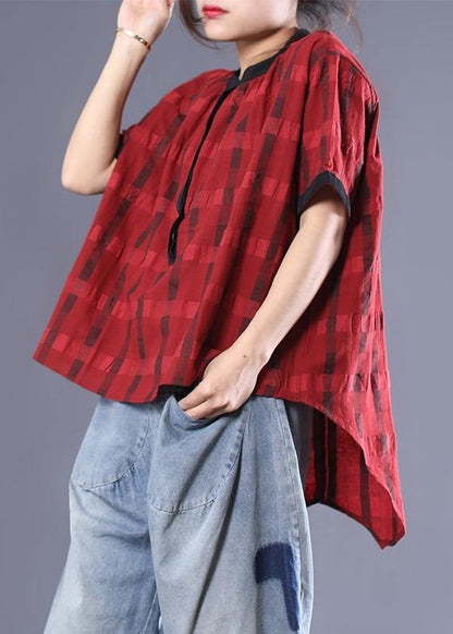 Unique Cotton Box Top Irregular Plaid Loose Short Sleeve Blouse