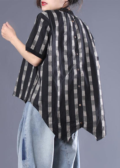 Unique Cotton Box Top Irregular Plaid Loose Short Sleeve Blouse