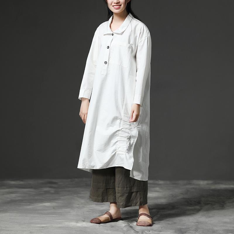 Unique Cotton Clothes Drops Design White Long Sleeve Cotton Shirt Dress