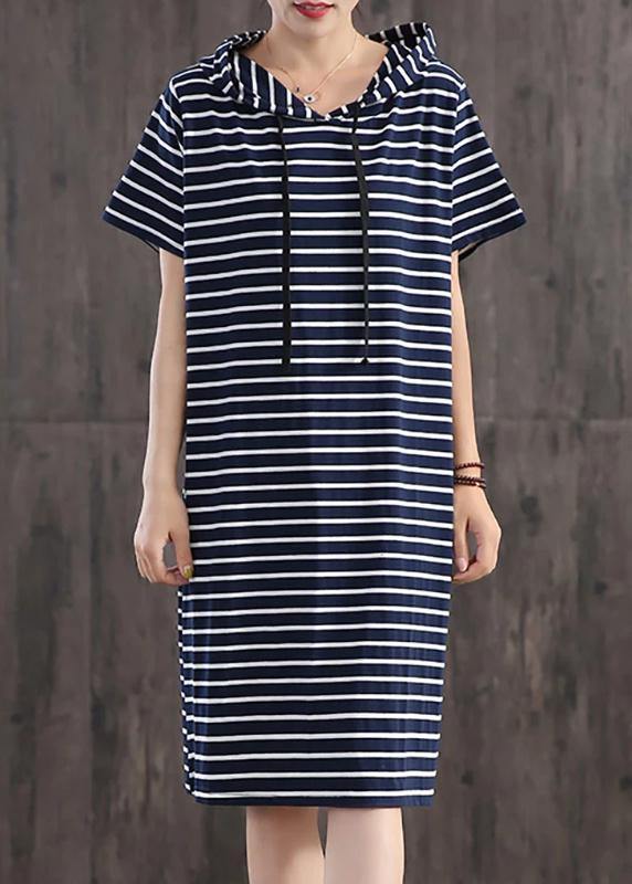 Unique Cotton Clothes Classic Wild Striped Hooded Loose Dress