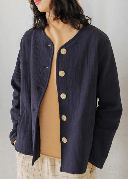 Unique Dark Blue Cotton Clothes for O Neck Button Short Shirt