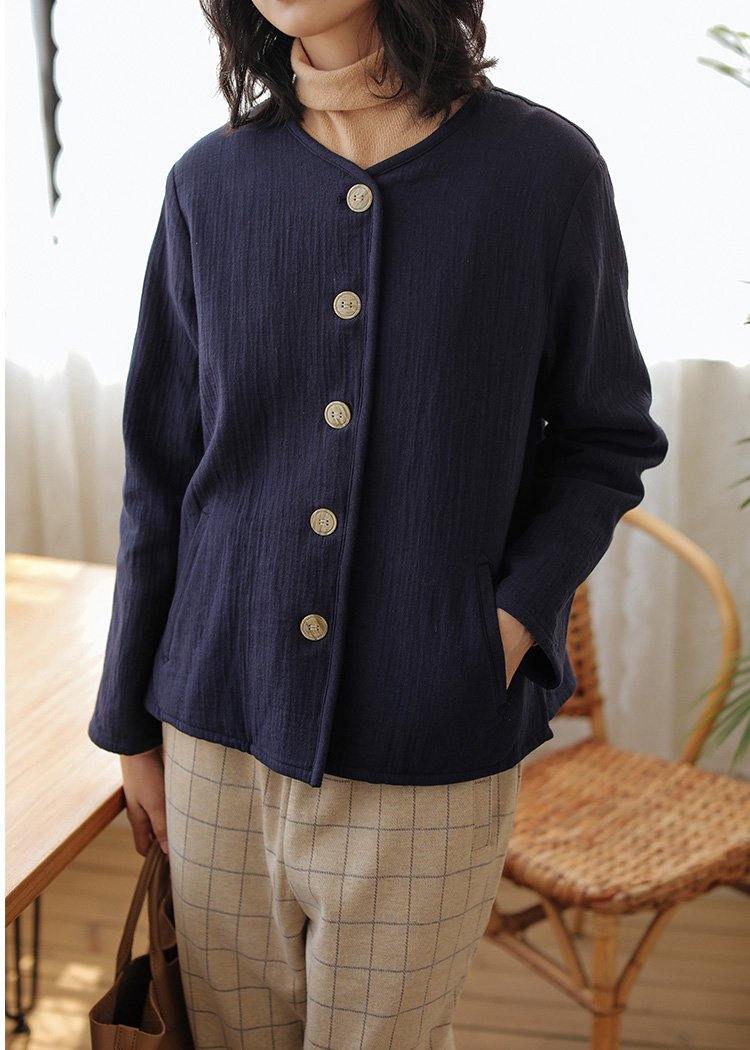 Unique Dark Blue Cotton Clothes for O Neck Button Short Shirt