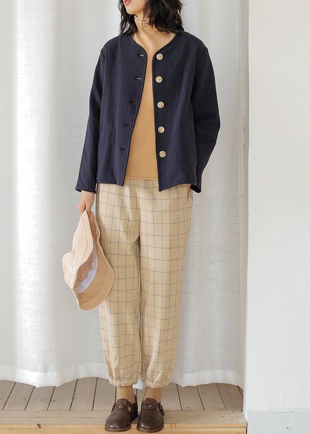 Unique Dark Blue Cotton Clothes for O Neck Button Short Shirt