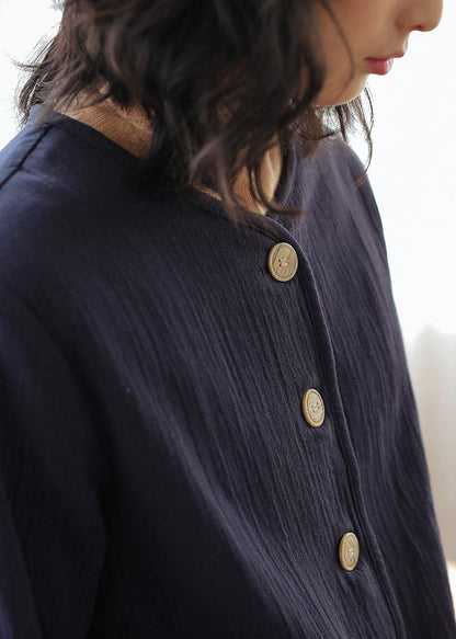 Unique Dark Blue Cotton Clothes for O Neck Button Short Shirt