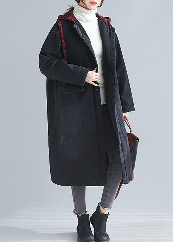 Unique Denim Black Fine Coats Inspiration Hooded Patchwork Spring Outwears