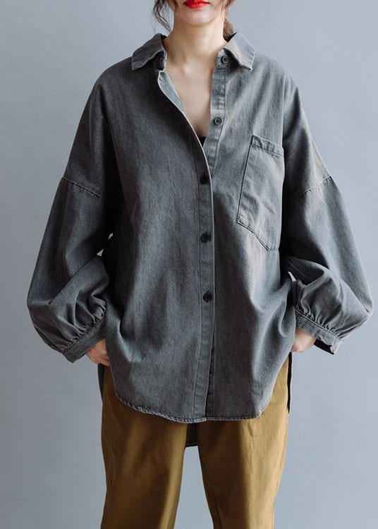 Unique Denim Gray Cotton Blouse Low High Design Daily Fall Blouses