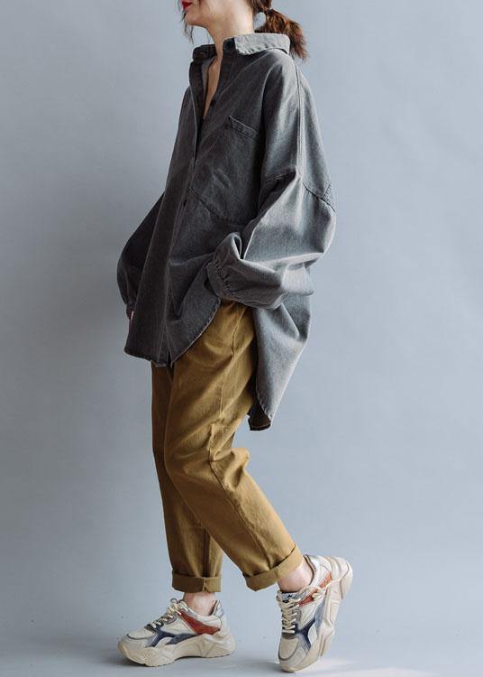 Unique Denim Gray Cotton Blouse Low High Design Daily Fall Blouses