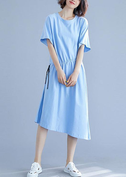 Unique Drawstring Waist Cotton Summer Clothes for Blue O Neck Oversized Dresses
