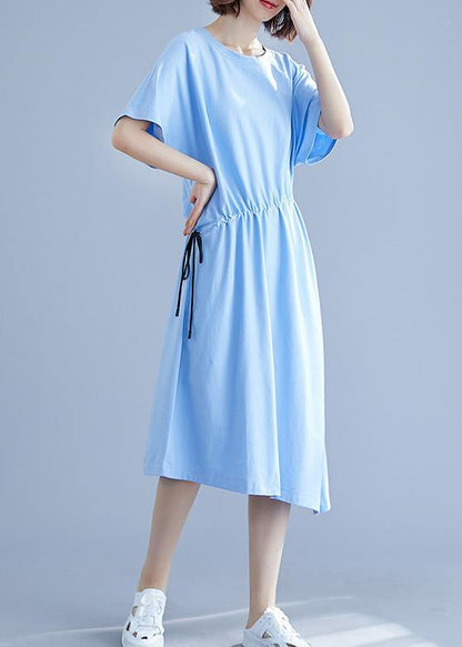 Unique Drawstring Waist Cotton Summer Clothes for Blue O Neck Oversized Dresses