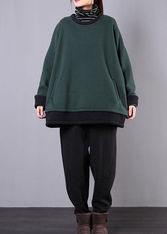 Unique dull green cotton clothes For Women o neck pockets tunic top