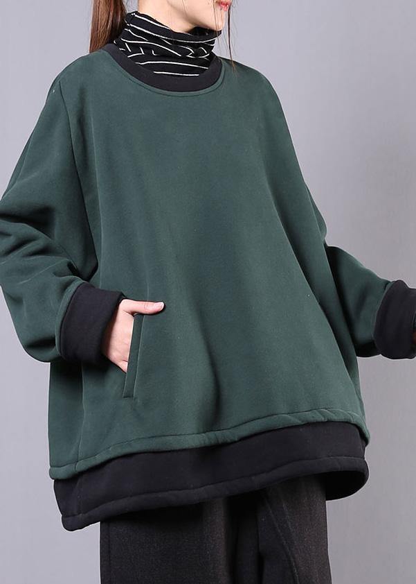 Unique dull green cotton clothes For Women o neck pockets tunic top
