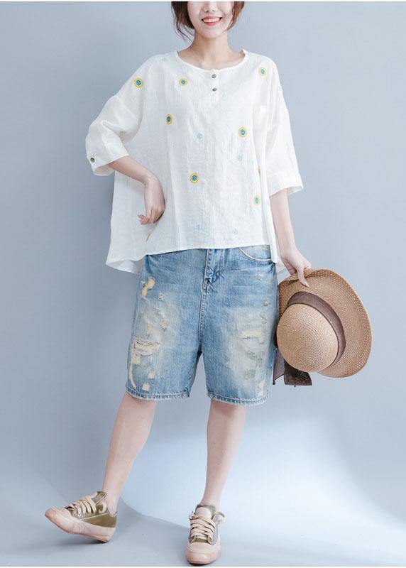 Unique Embroidery Cotton Tunic Top White Art Tops Summer