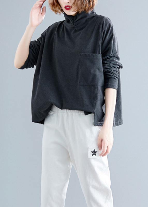 Unique Gray Black Cotton Top Silhouette Asymmetric Dresses Fall Shirts