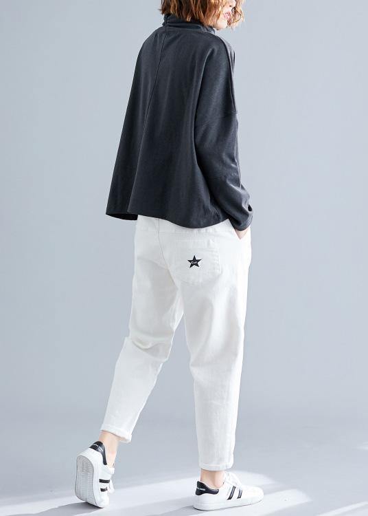 Unique Gray Black Cotton Top Silhouette Asymmetric Dresses Fall Shirts