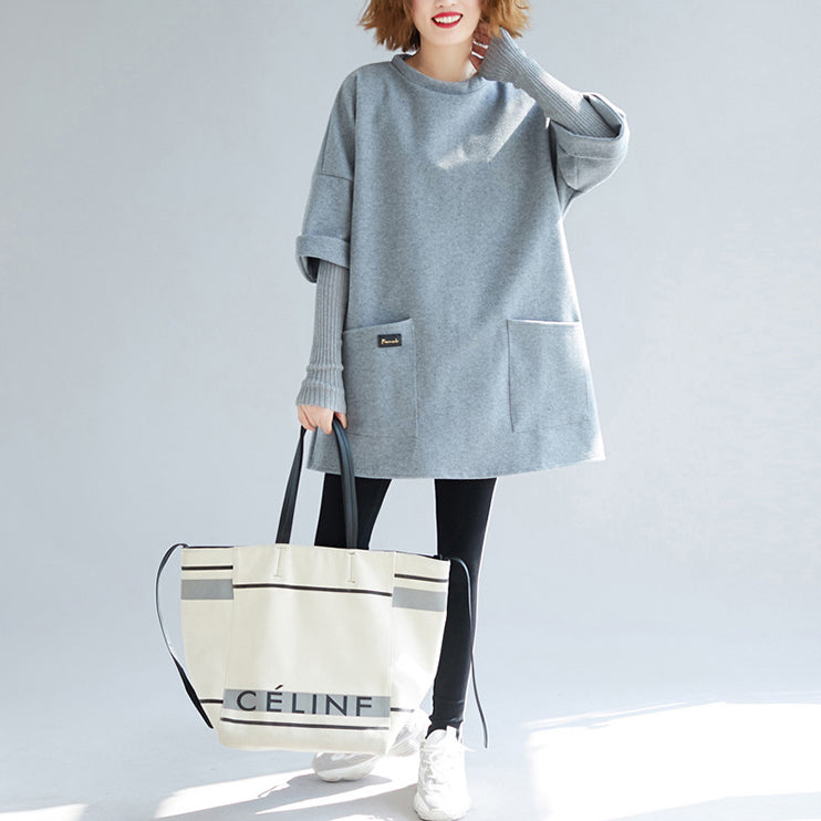Unique Gray Cotton Organic Christmas Gifts False Two Pieces Tops