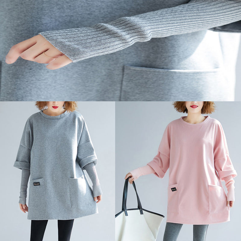 Unique Gray Cotton Organic Christmas Gifts False Two Pieces Tops