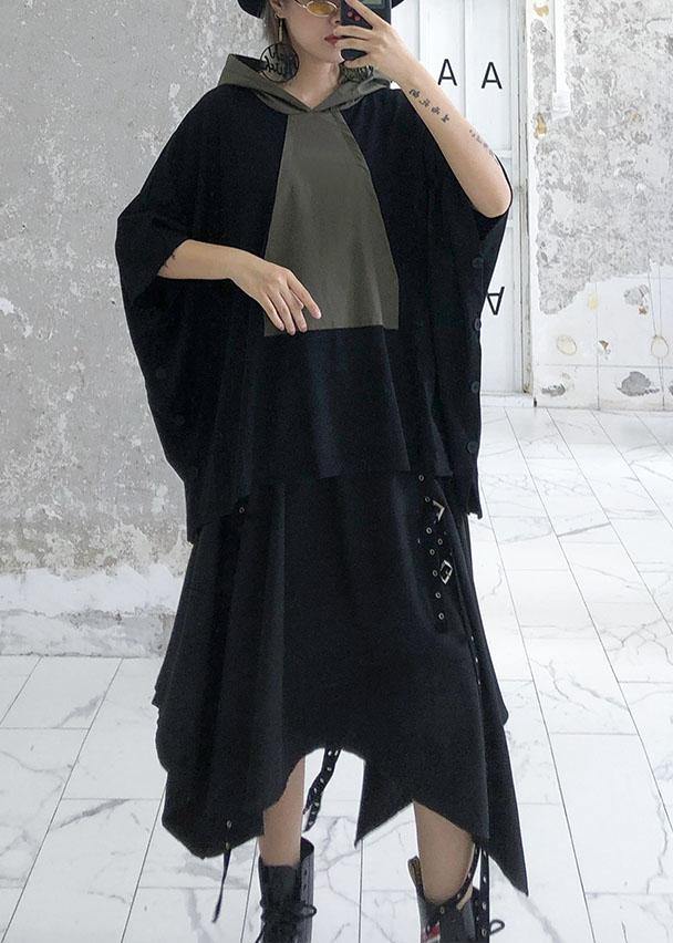 Unique Gray Green Patchwork Cotton Blouse Hooded Dresses Fall Blouses