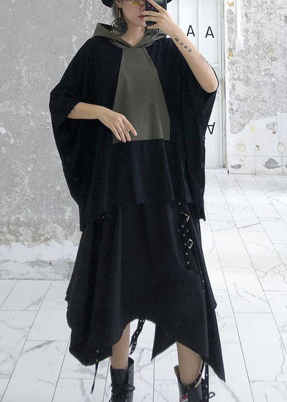 Unique Gray Green Patchwork Cotton Blouse Hooded Dresses Fall Blouses