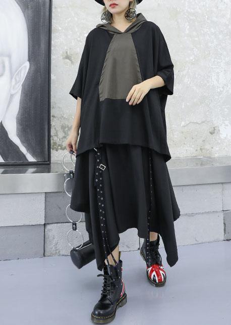 Unique Gray Green Patchwork Cotton Blouse Hooded Dresses Fall Blouses