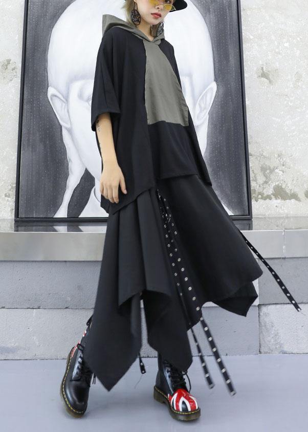 Unique Gray Green Patchwork Cotton Blouse Hooded Dresses Fall Blouses