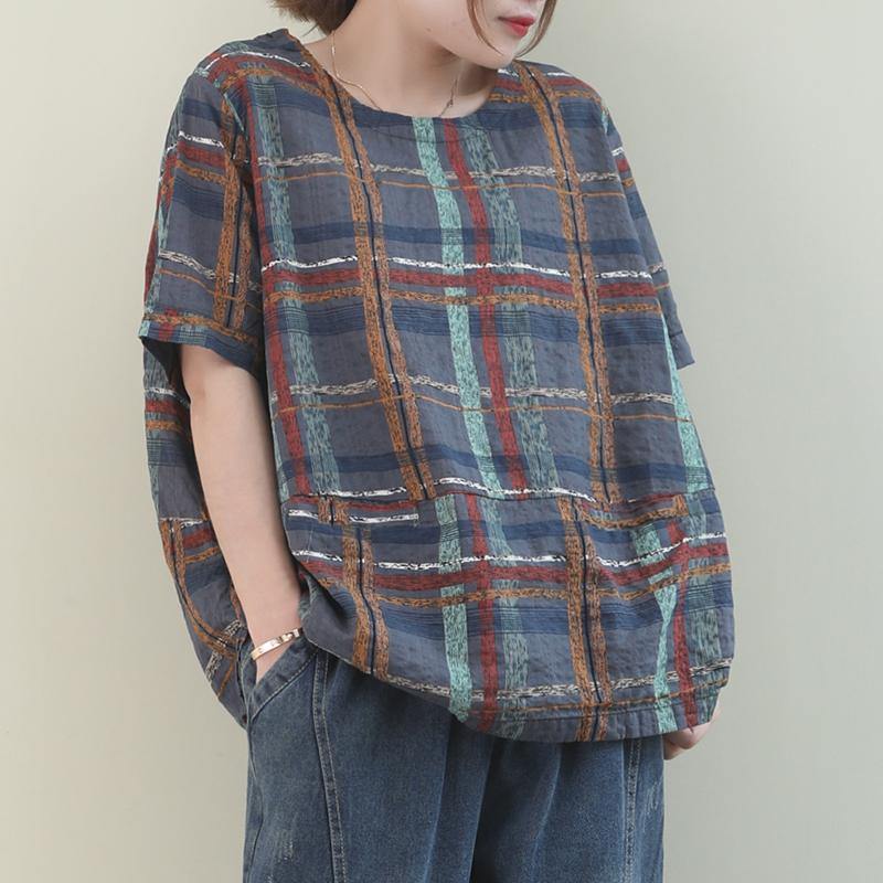 Unique Gray Plaid Linen Blouse O Neck Short Summer Blouses