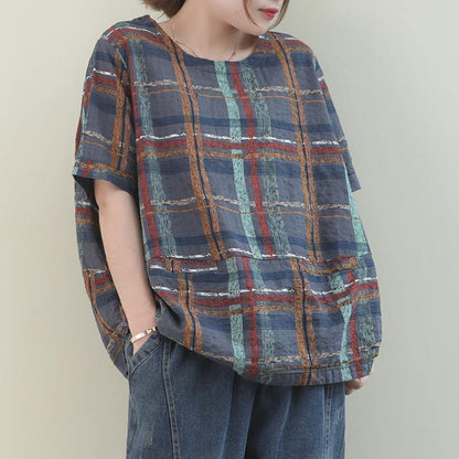 Unique Gray Plaid Linen Blouse O Neck Short Summer Blouses