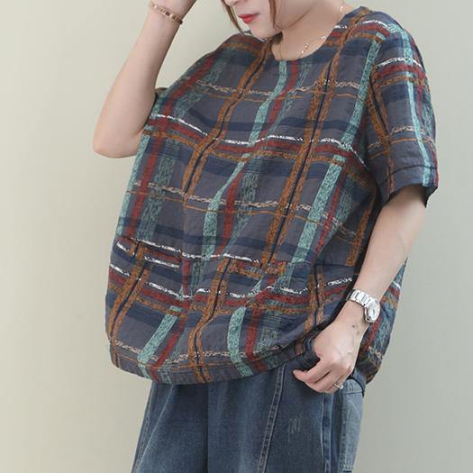 Unique Gray Plaid Linen Blouse O Neck Short Summer Blouses