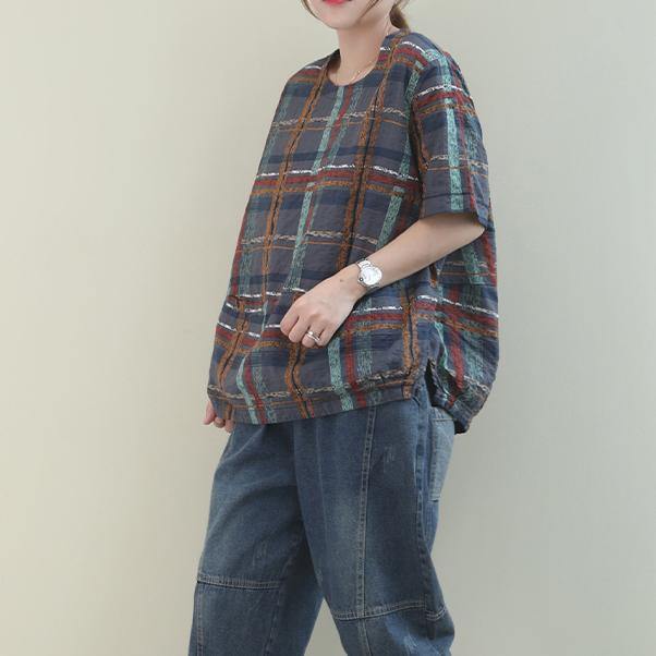 Unique Gray Plaid Linen Blouse O Neck Short Summer Blouses