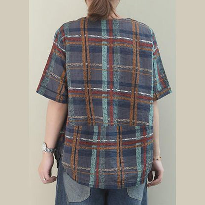Unique Gray Plaid Linen Blouse O Neck Short Summer Blouses