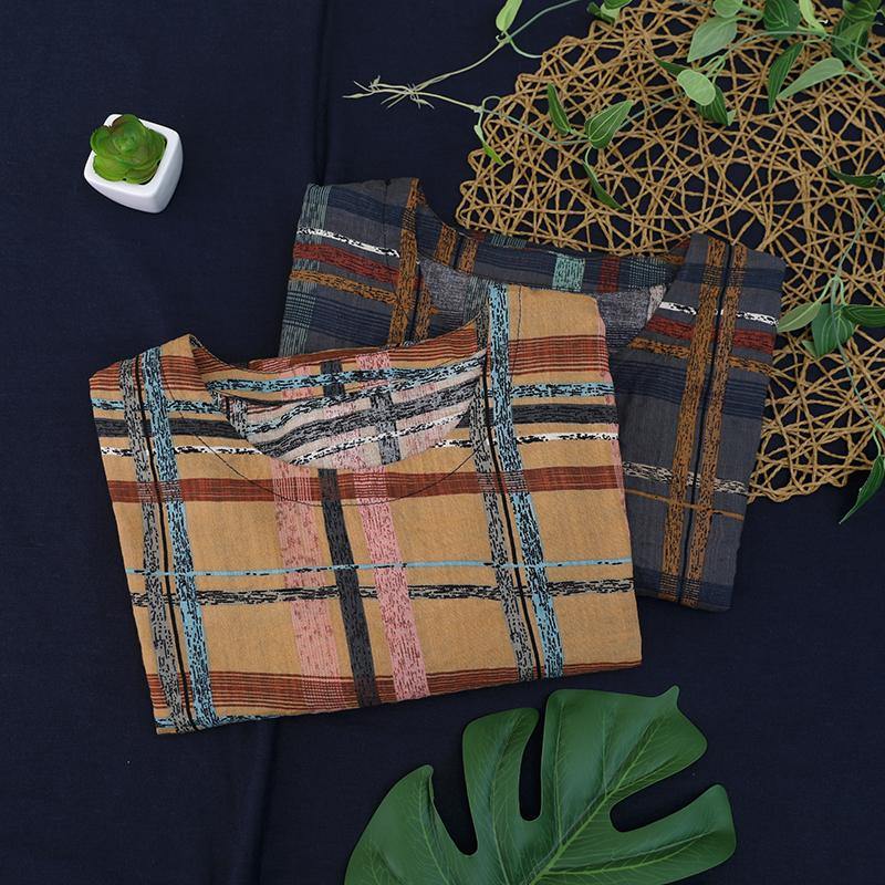 Unique Gray Plaid Linen Blouse O Neck Short Summer Blouses