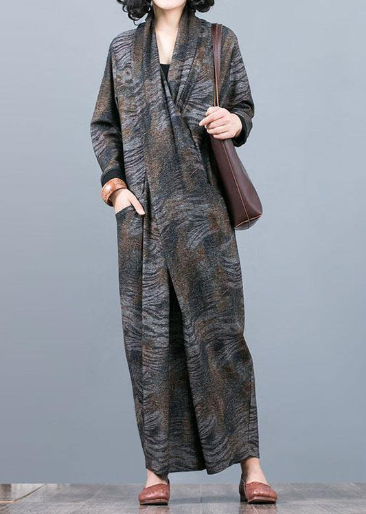 Unique Gray Print Long Dress V Neck Asymmetric Maxi Fall Dress