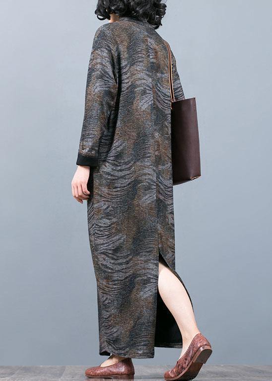 Unique Gray Print Long Dress V Neck Asymmetric Maxi Fall Dress