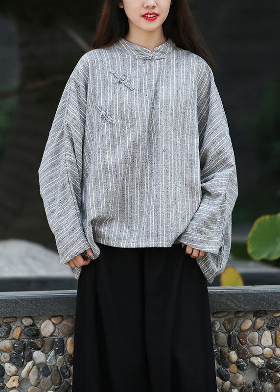 Unique Gray Striped Clothes for Stand Collar Trumpet Sleeves Silhouette Shirts