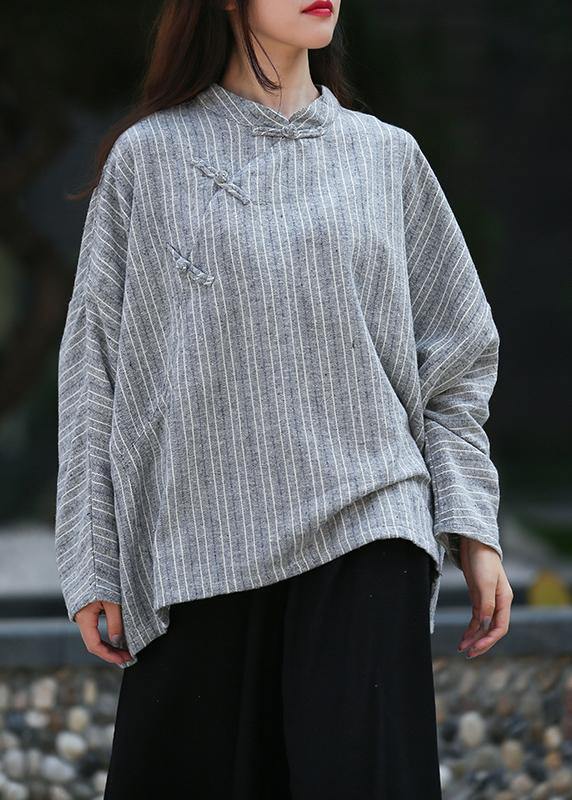 Unique Gray Striped Clothes for Stand Collar Trumpet Sleeves Silhouette Shirts