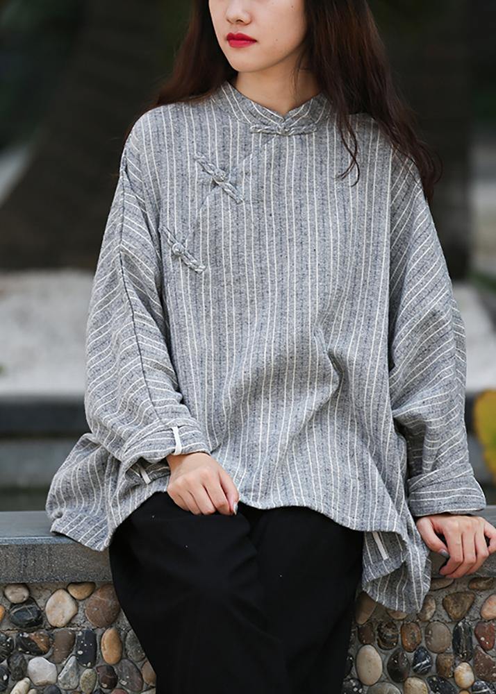 Unique Gray Striped Clothes for Stand Collar Trumpet Sleeves Silhouette Shirts