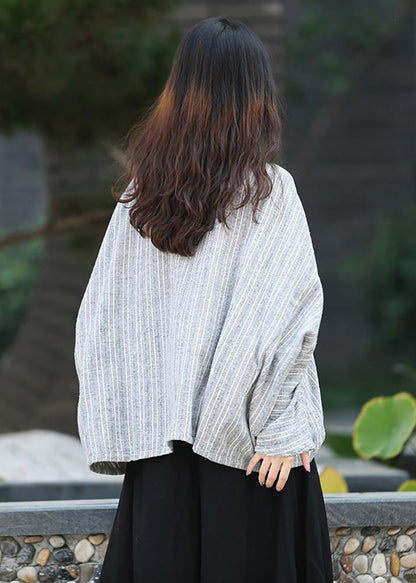Unique gray striped clothes For Women stand collar trumpet sleeves silhouette shirts