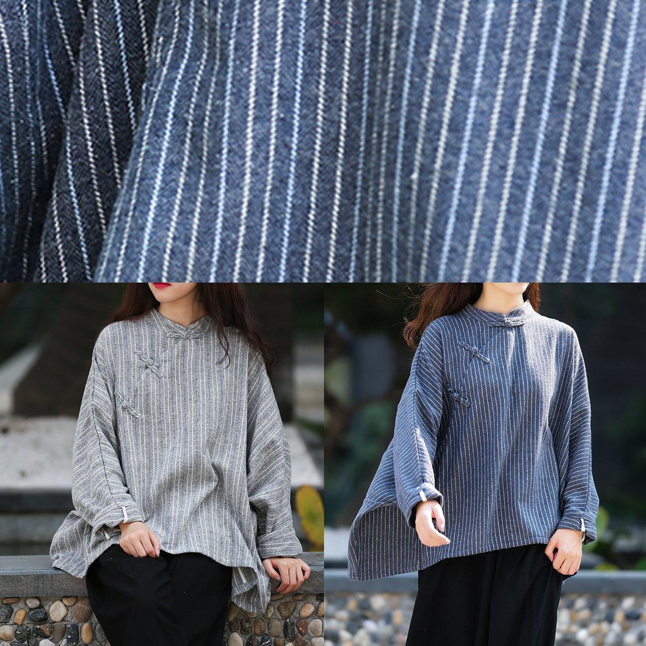 Unique gray striped clothes For Women stand collar trumpet sleeves silhouette shirts
