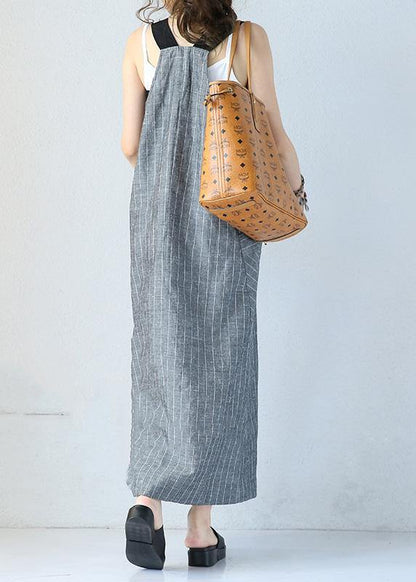 Unique Gray Striped Linen Dresses Single-breasted Maxi Sleeveless Dress