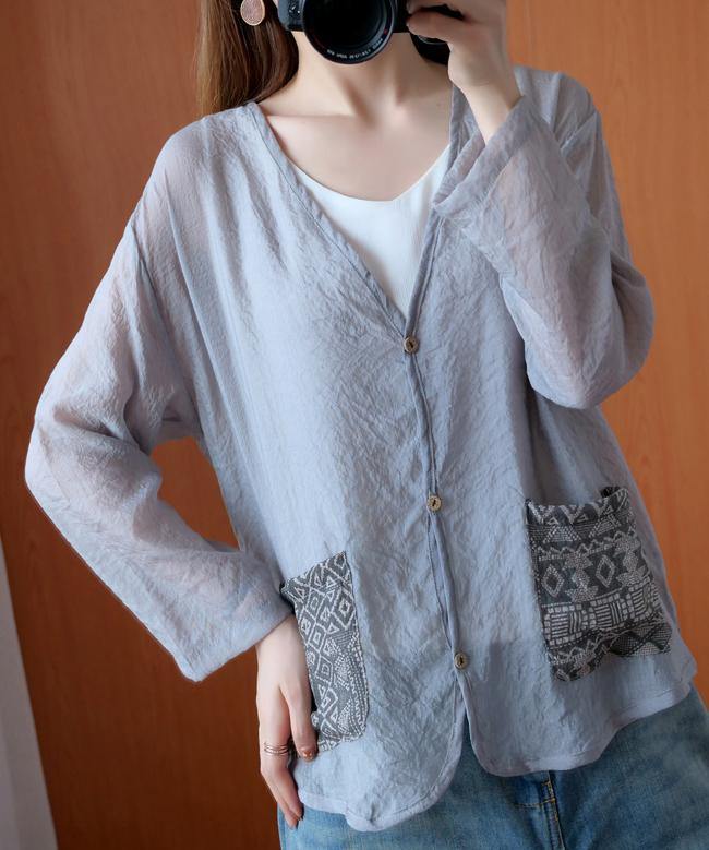 Unique Gray Tops Blouses V Neck Button Down Daily Blouse