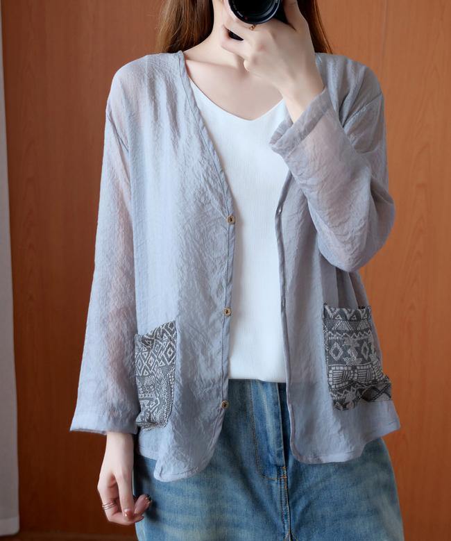Unique Gray Tops Blouses V Neck Button Down Daily Blouse