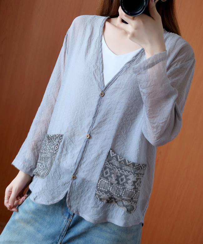 Unique Gray Tops Blouses V Neck Button Down Daily Blouse